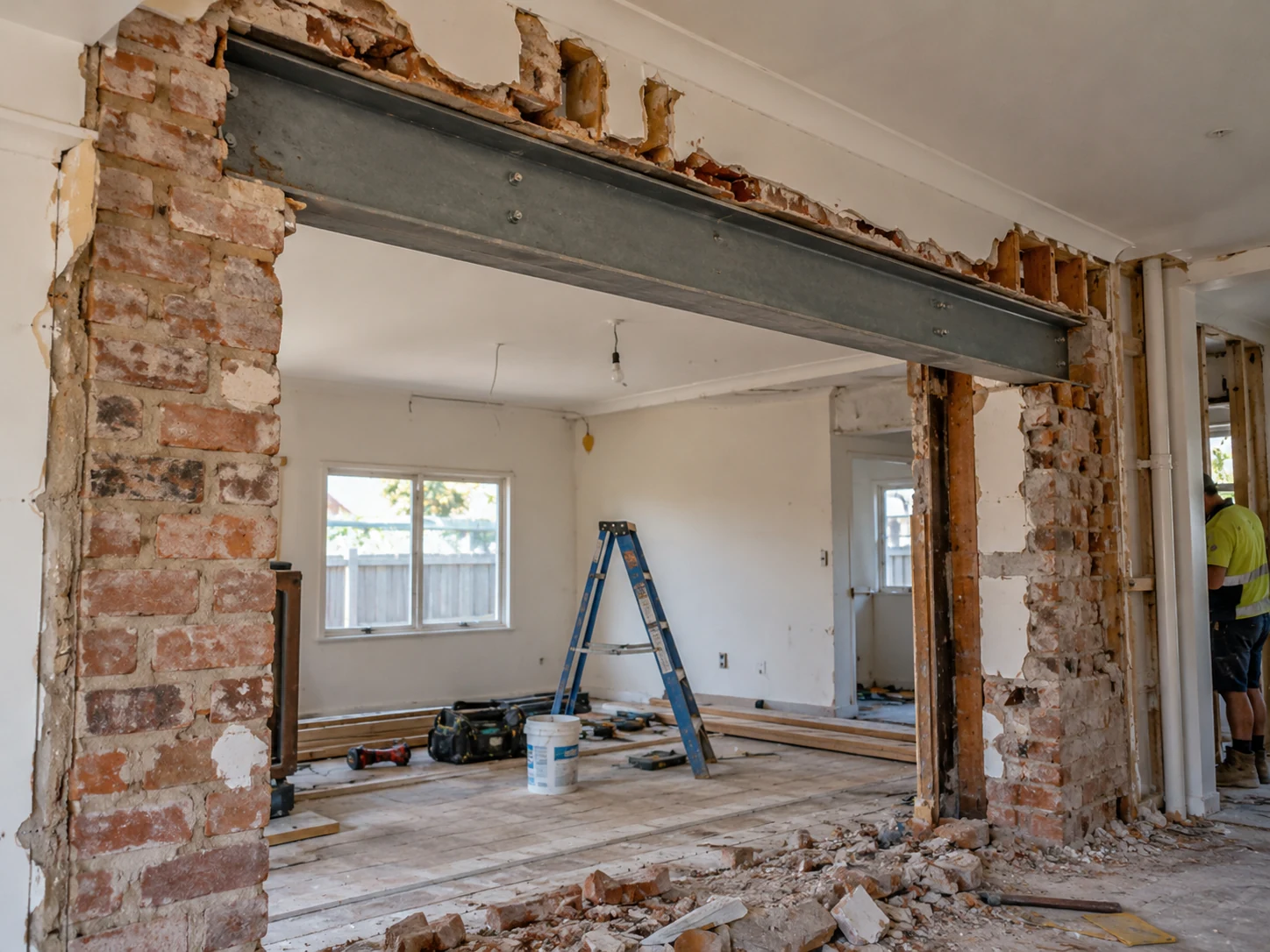 Internal wall removed during a residential renovation, exposing a steel support beam